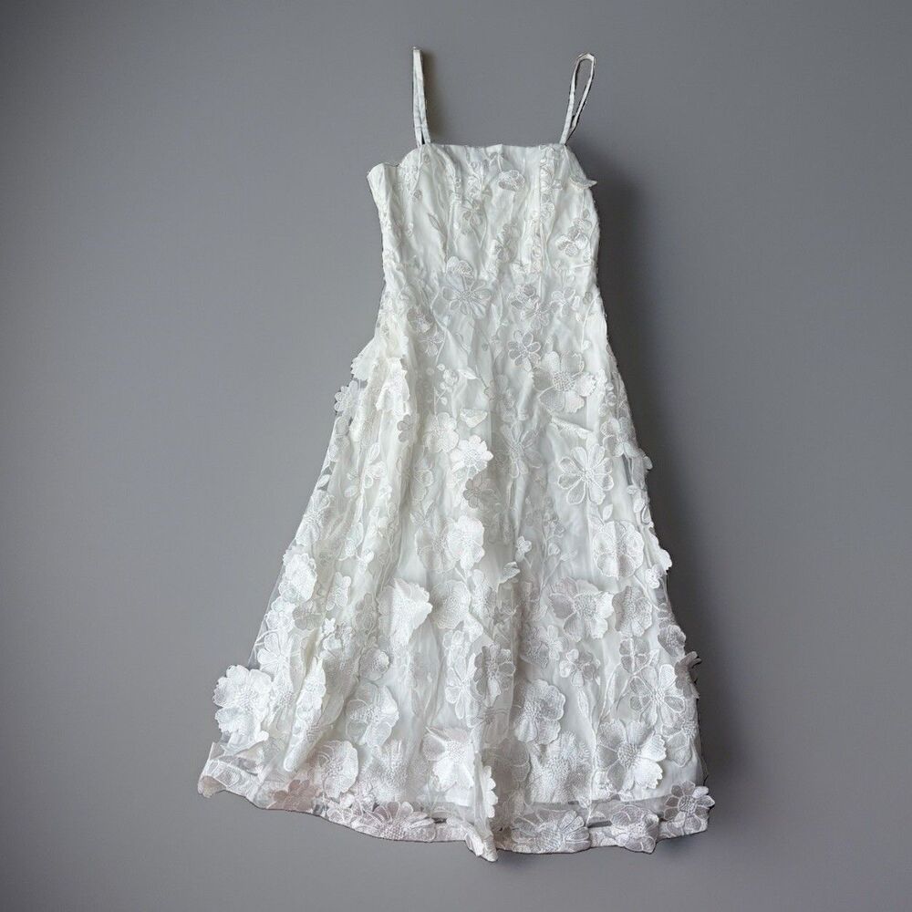 Lulus White 3D Floral Applique Midi Dress Small S Bridal Shower Wedding Cocktail